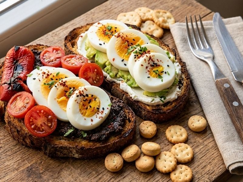 Kızarmış Ekşi Maya Ekmek Dilimleri Ve Közlenmiş Biberli Yumurtalar