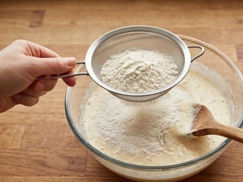Kuru Malzemeleri Eleyin Ve Tahta Kaşıkla Söndürmeden Karıştırın