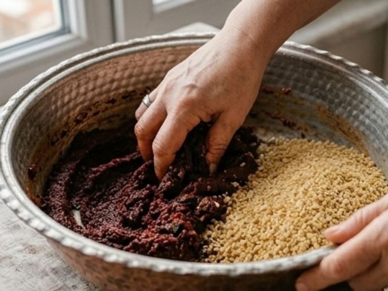 Bakır Leğende Baharatların Macun Kıvamı Ve Bulgurun Sabırla Yoğrulması